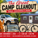 The Great Camp Cleanout garage sale, Saturday, November 7, 2026, 8 AM to 5 PM at 3483 McCament Road, Walhonding, Ohio. Free admission.