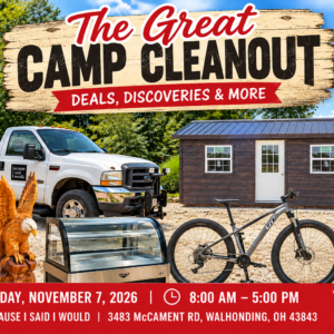 The Great Camp Cleanout garage sale, Saturday, November 7, 2026, 8 AM to 5 PM at 3483 McCament Road, Walhonding, Ohio. Free admission.